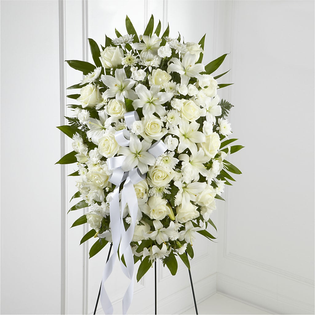 Exquisite Tribute Standing Spray-White Ribbon – Flover, Wallington NJ