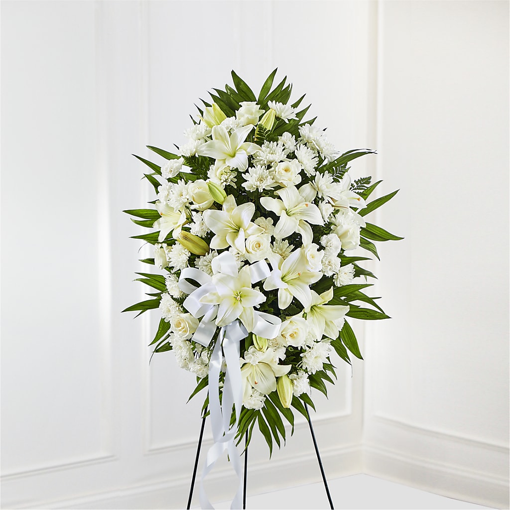 Exquisite Tribute Standing Spray-White Ribbon – Flover, Wallington NJ
